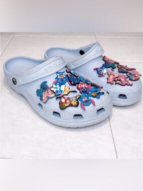 Crocs Light Blue Classic Clogs w/ Stitch & Angel Jibbitz Charms W8/M6